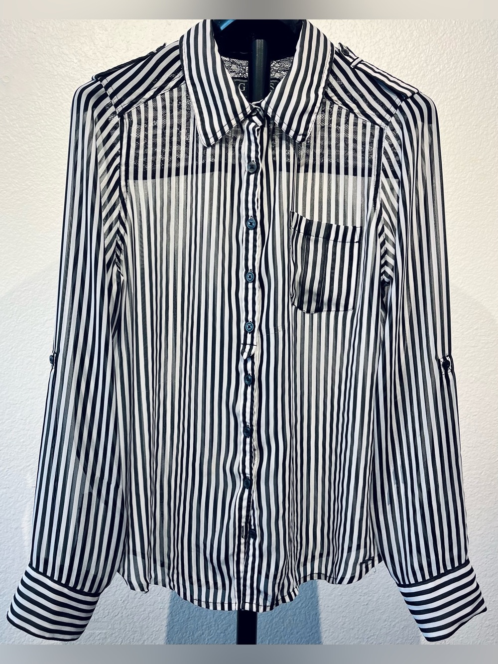 Guess Black and White Vertical Stripe Button-Down Shirt - Size M (Womenβs)